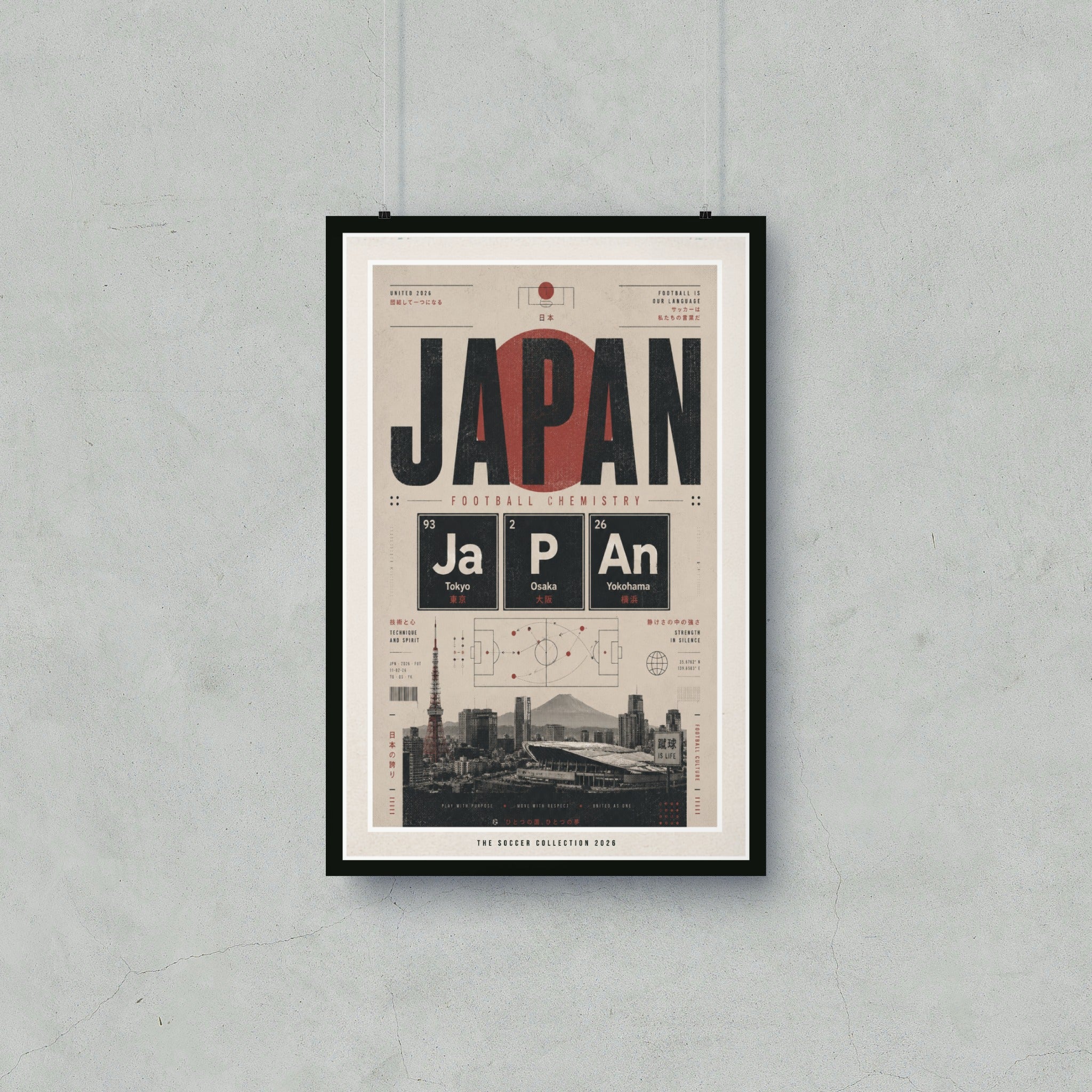 Poster with "JAPAN" and football-themed elements in a periodic table style.