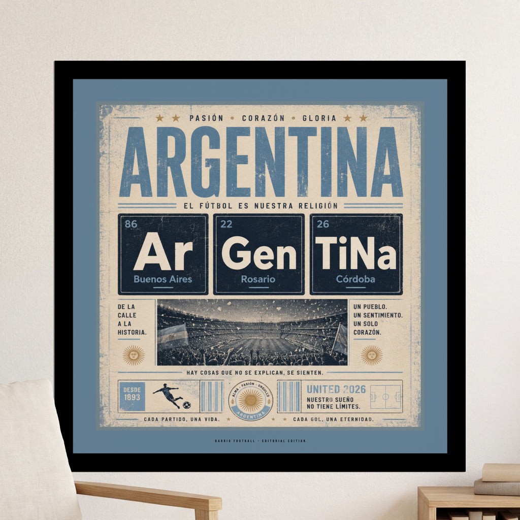 Argentina football poster with periodic table elements and patriotic slogans.