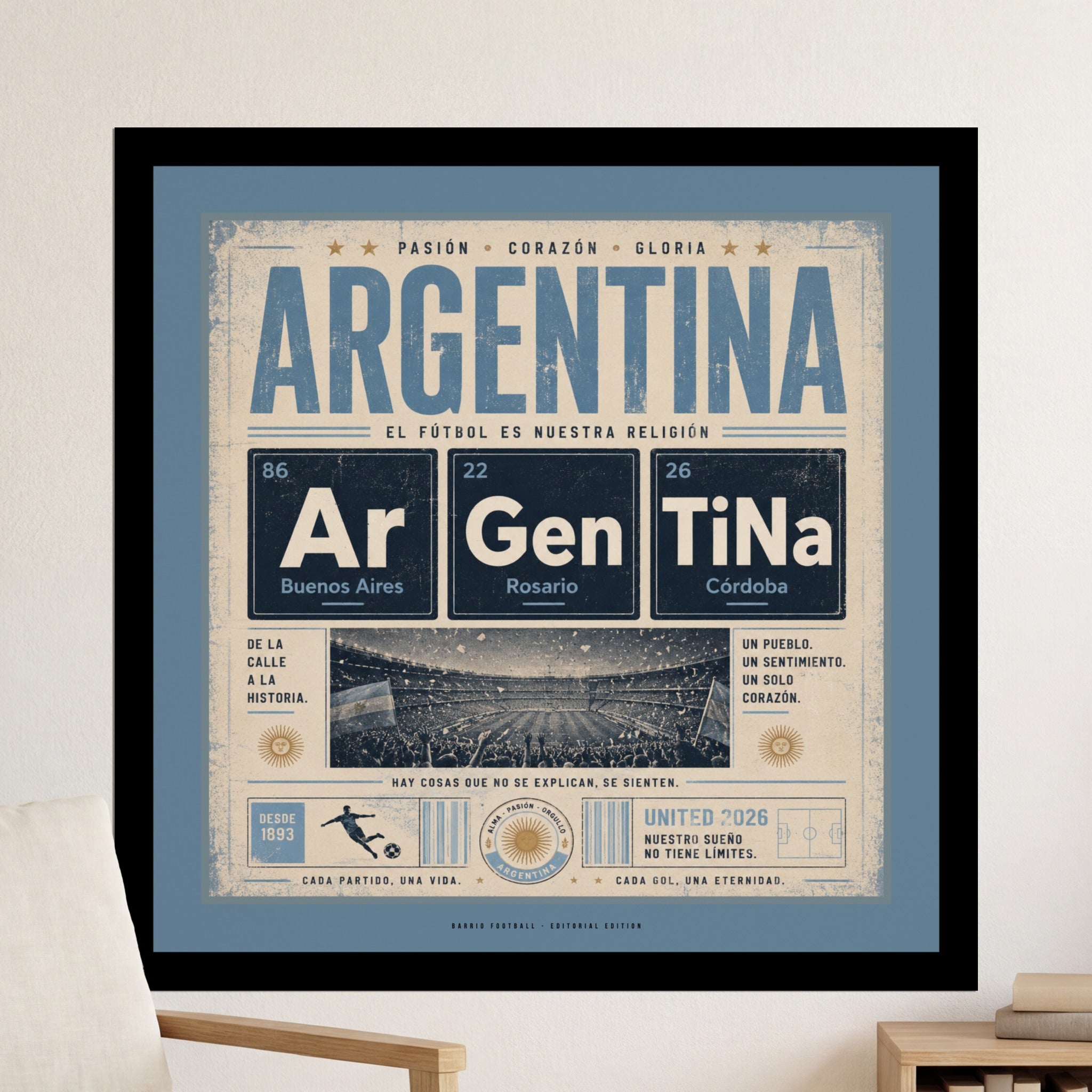 Argentina football poster with periodic table elements and patriotic slogans.