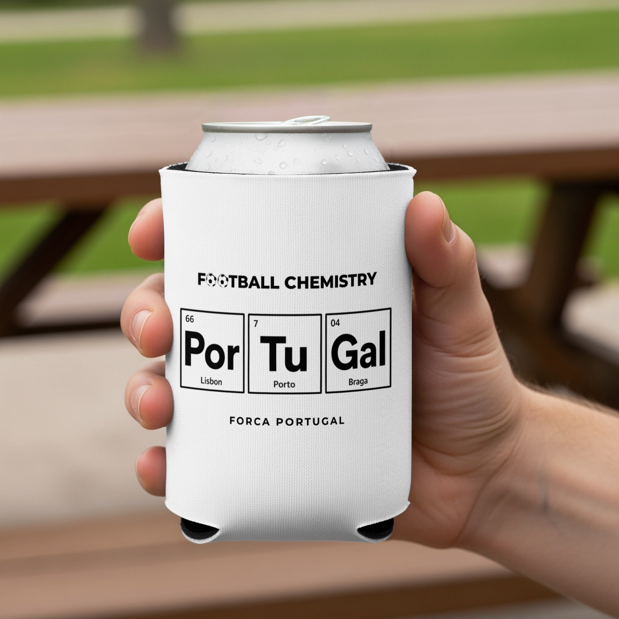 Can cooler with "Football Chemistry" and element symbols for Lisbon, Porto, and Braga.