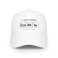 White baseball cap with "Cro At la" in periodic table style.