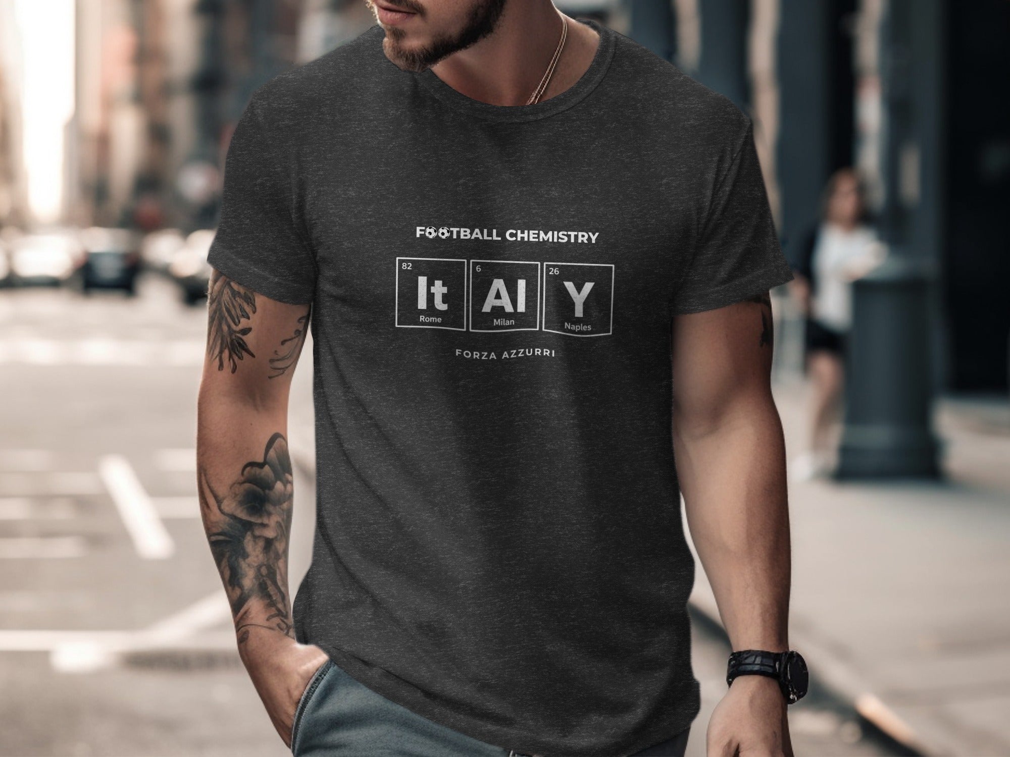 Dark gray t-shirt with "Football Chemistry" and Italy-themed design.