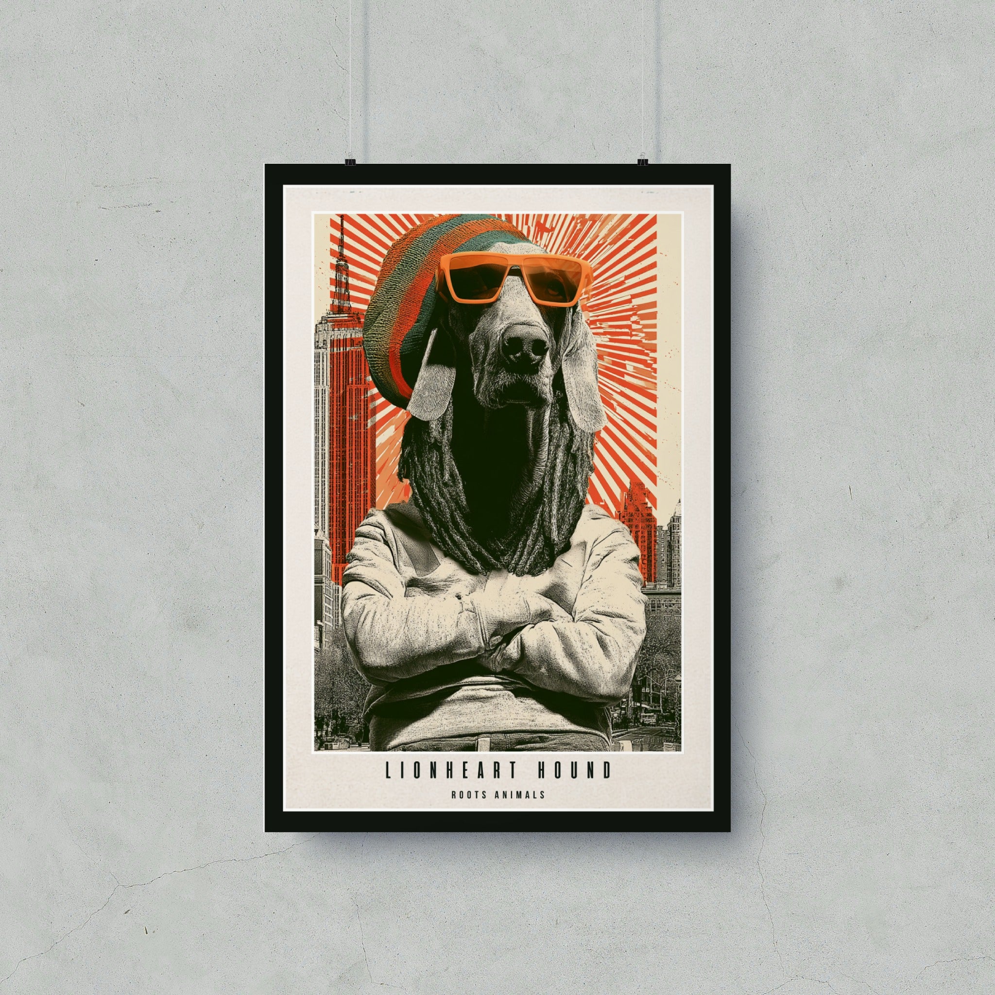 Poster with a dog in sunglasses and beanie, "LIONHEART HOUND ROOTS ANIMALS" text.