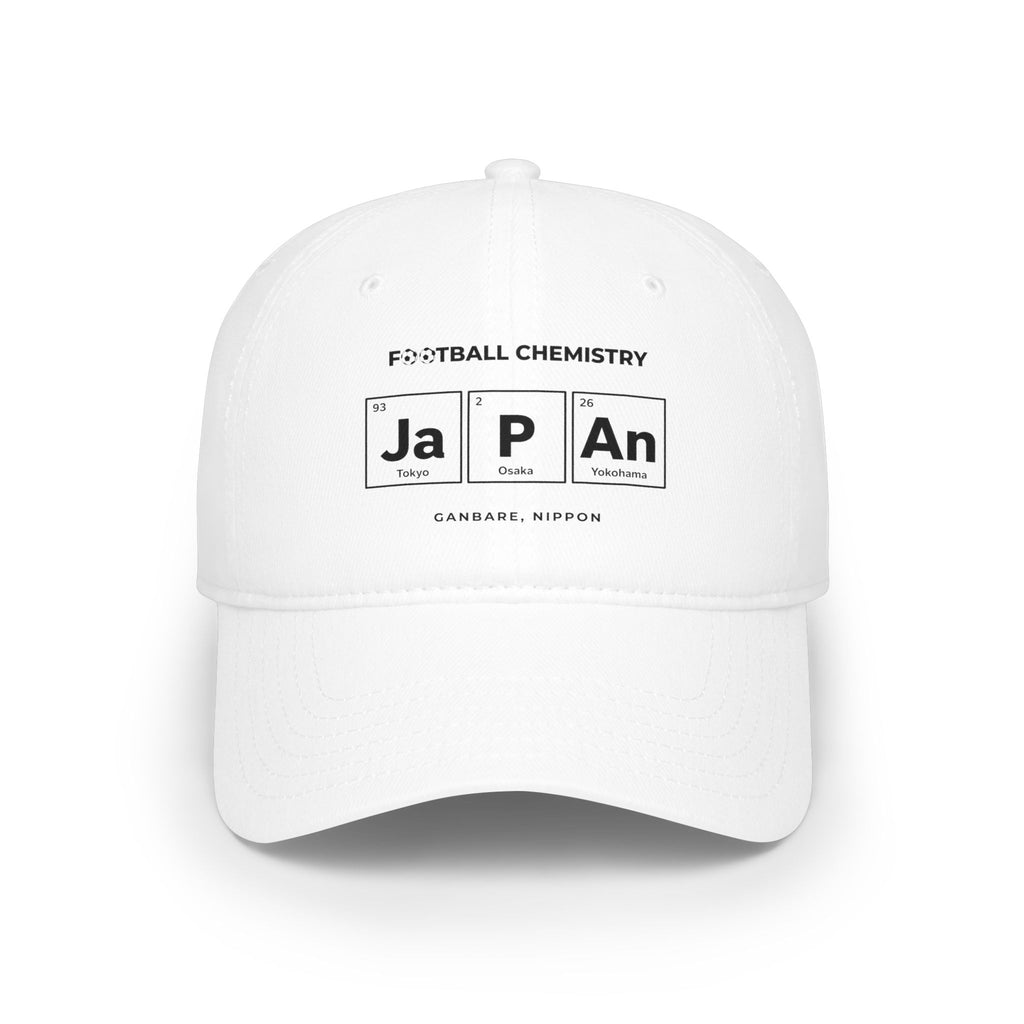 White baseball cap with "FOOTBALL CHEMISTRY" and periodic table elements for Japan.