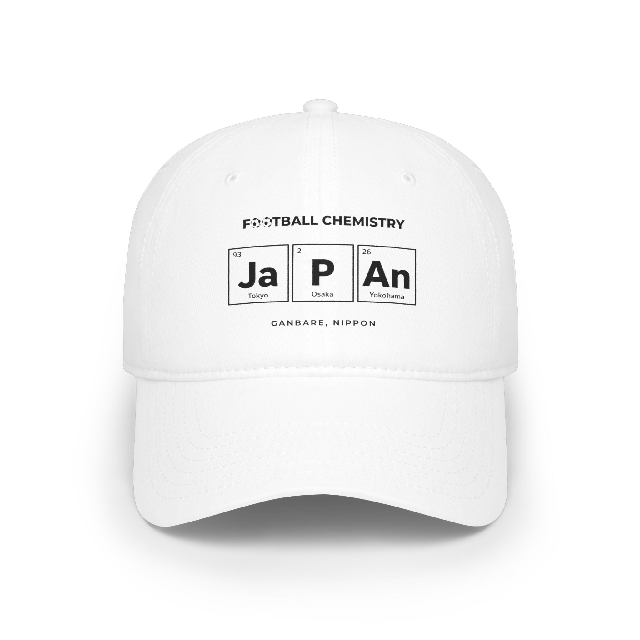 White baseball cap with "FOOTBALL CHEMISTRY" and periodic table elements for Japan.