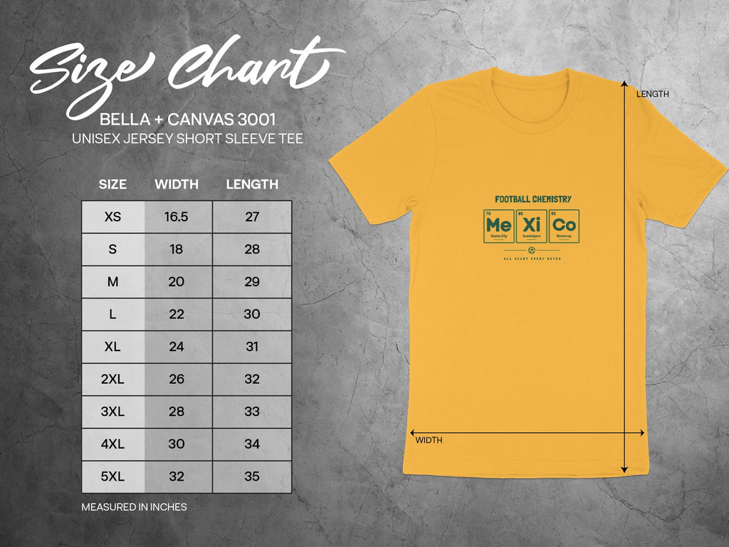 Bella + Canvas 3001 unisex tee size chart with football chemistry graphic.