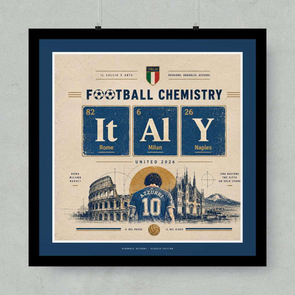 Football Chemistry periodic table design with Italy landmarks and soccer player.