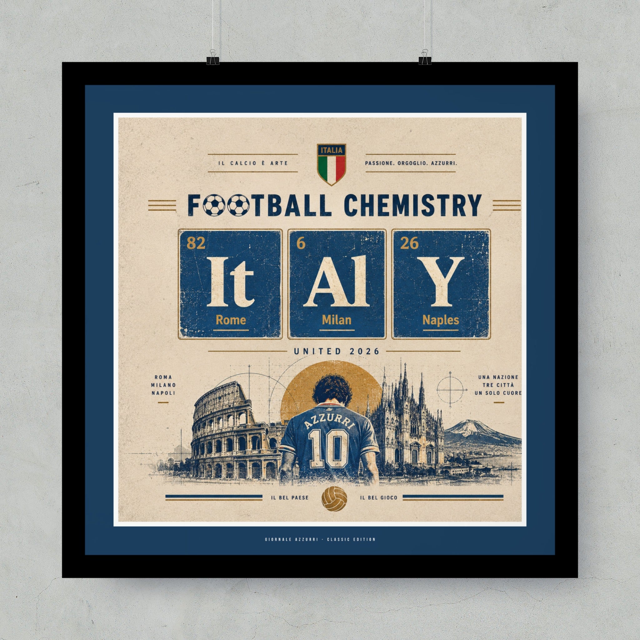 Football Chemistry periodic table design with Italy landmarks and soccer player.