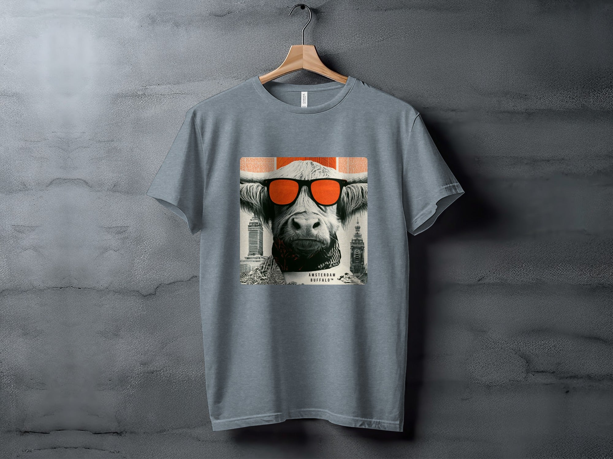 Grey t-shirt with a bull wearing sunglasses and Amsterdam landmarks.
