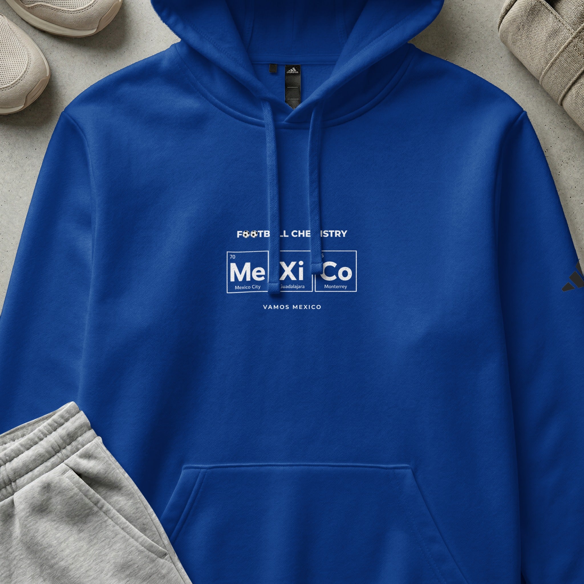 Blue hoodie with "FOOTBALL CHEMISTRY" and "Me Xi Co" text, plus "VAMOS MONTERREY".