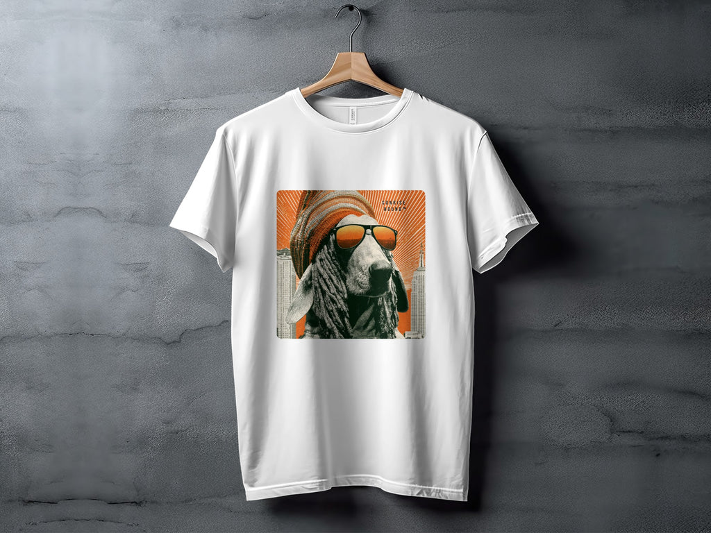 White t-shirt featuring graphic of a goat with dreadlocks wearing sunglasses and hat.