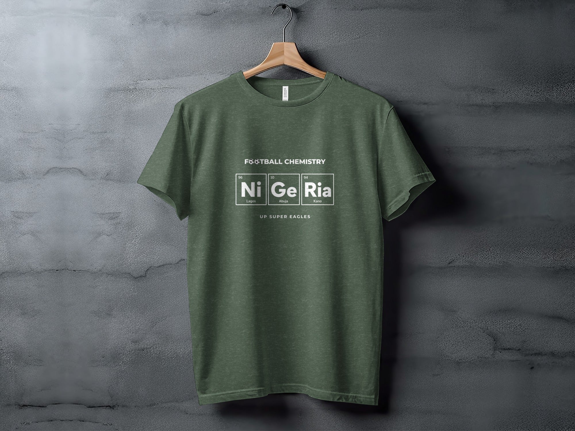 Green t-shirt with "Football Chemistry" and Nigeria elements.