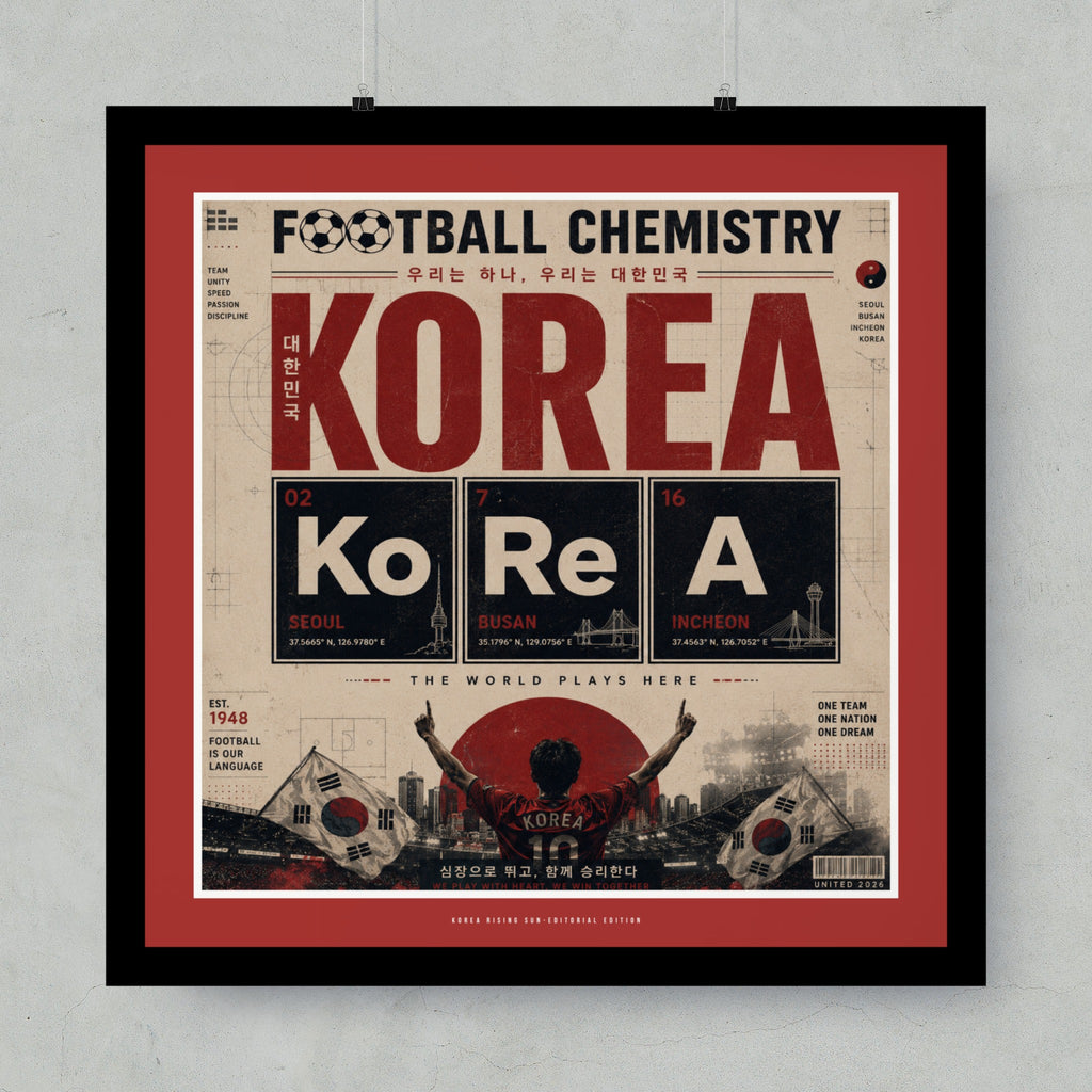 Football Chemistry Korea design with periodic table elements and cityscape, 1948.