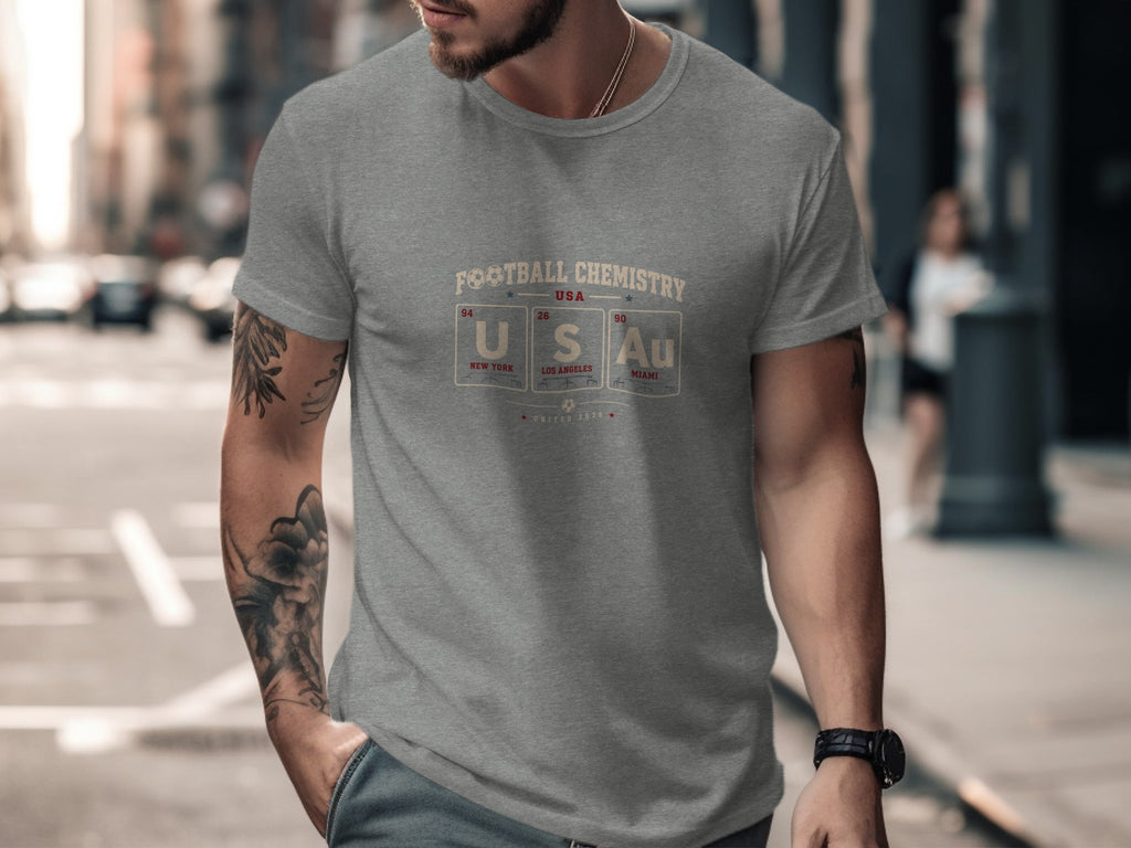 Grey t-shirt with "FOOTBALL CHEMISTRY USA" and periodic table elements for New York, Los Angeles, and Miami.