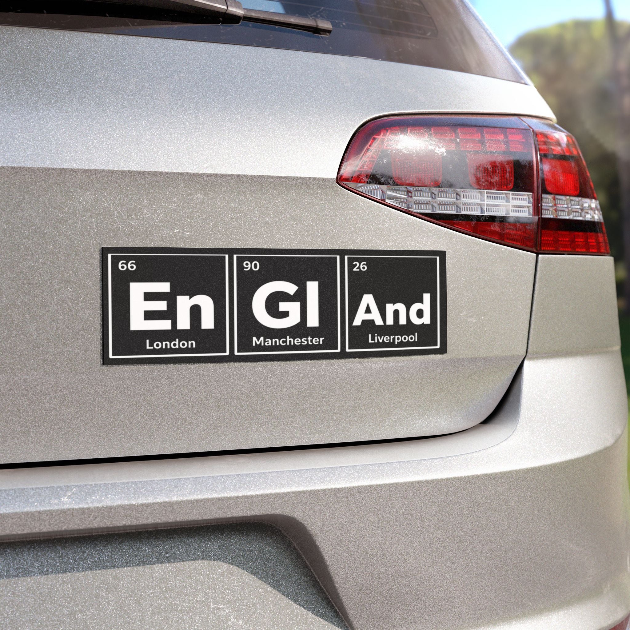 En GI AND text using periodic table elements, with London, Manchester, Liverpool labels.