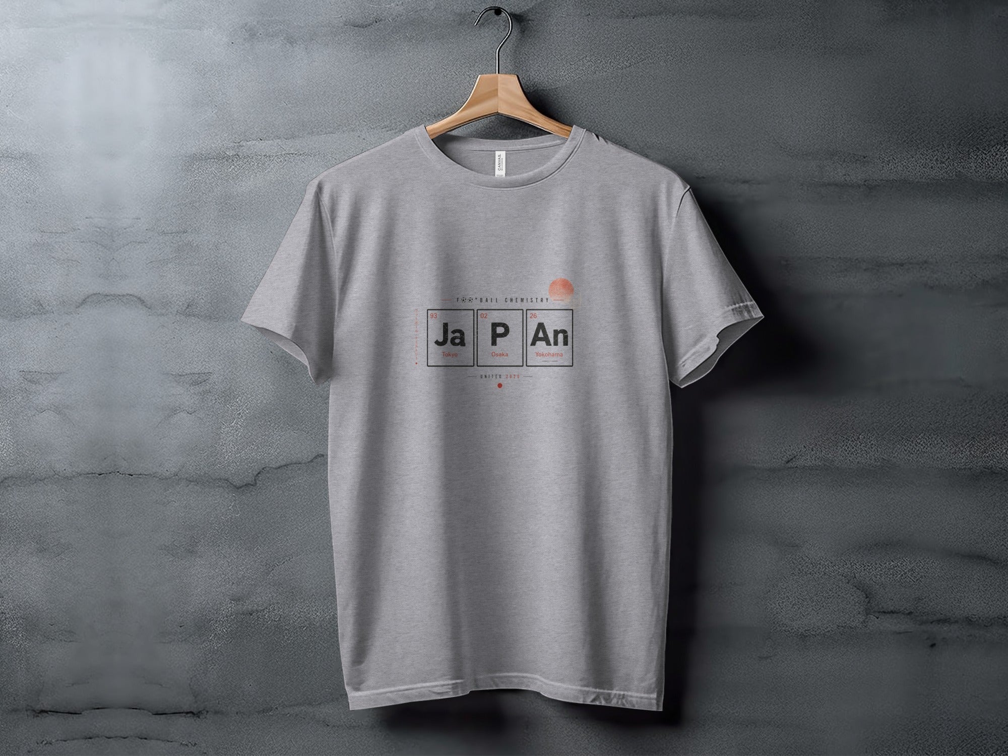 Grey t-shirt with "Football Chemistry Japan" text and city names.