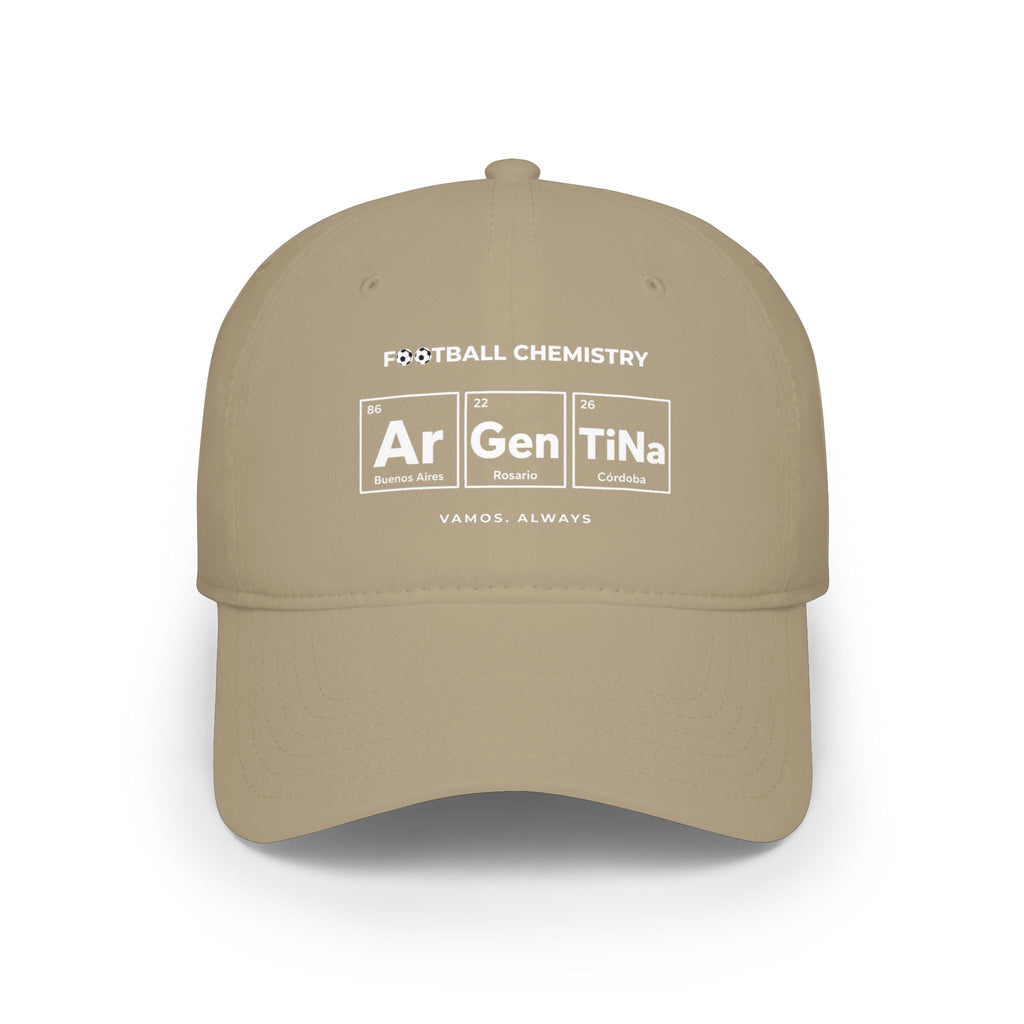 Tan baseball cap with "FOOTBALL CHEMISTRY" and periodic table elements.