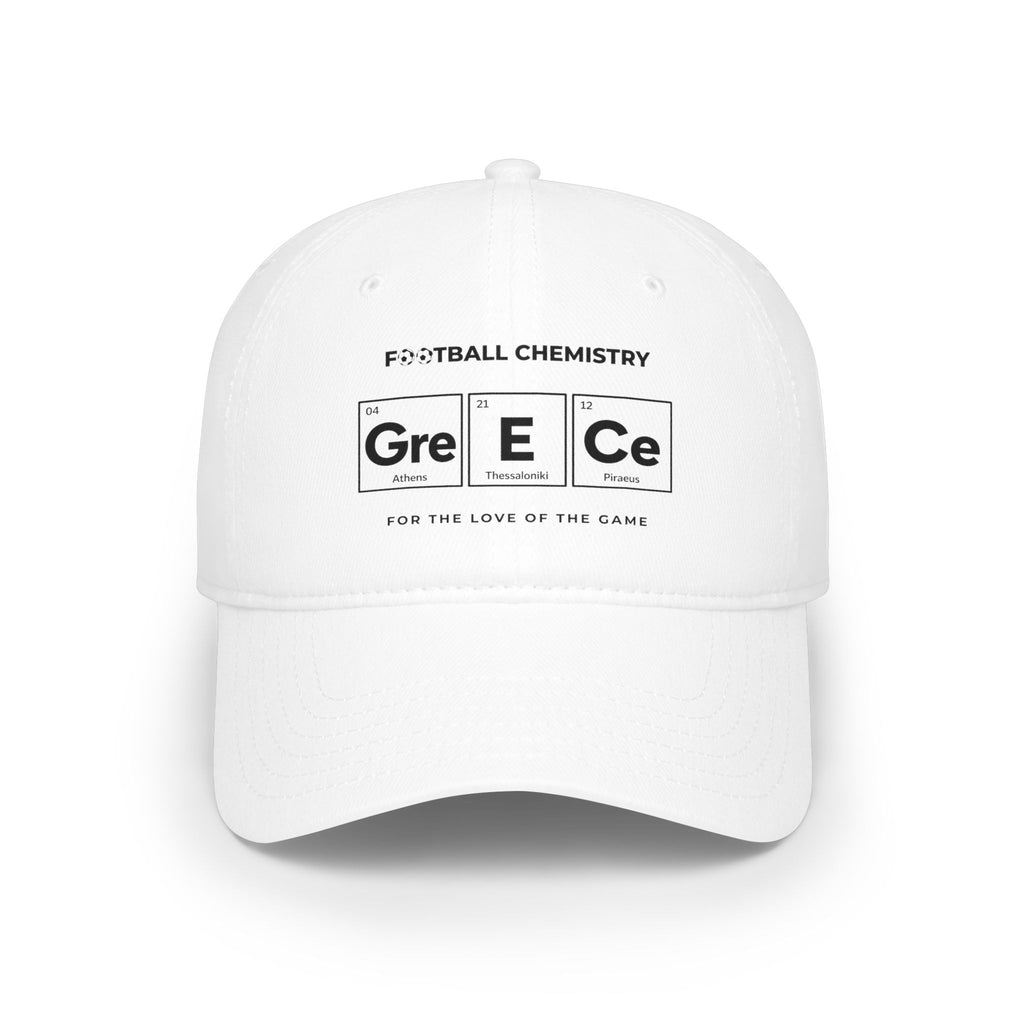 White baseball cap with "Football Chemistry" and "Greece" elemental symbols.
