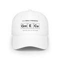 White baseball cap with "Football Chemistry" and "Greece" elemental symbols.