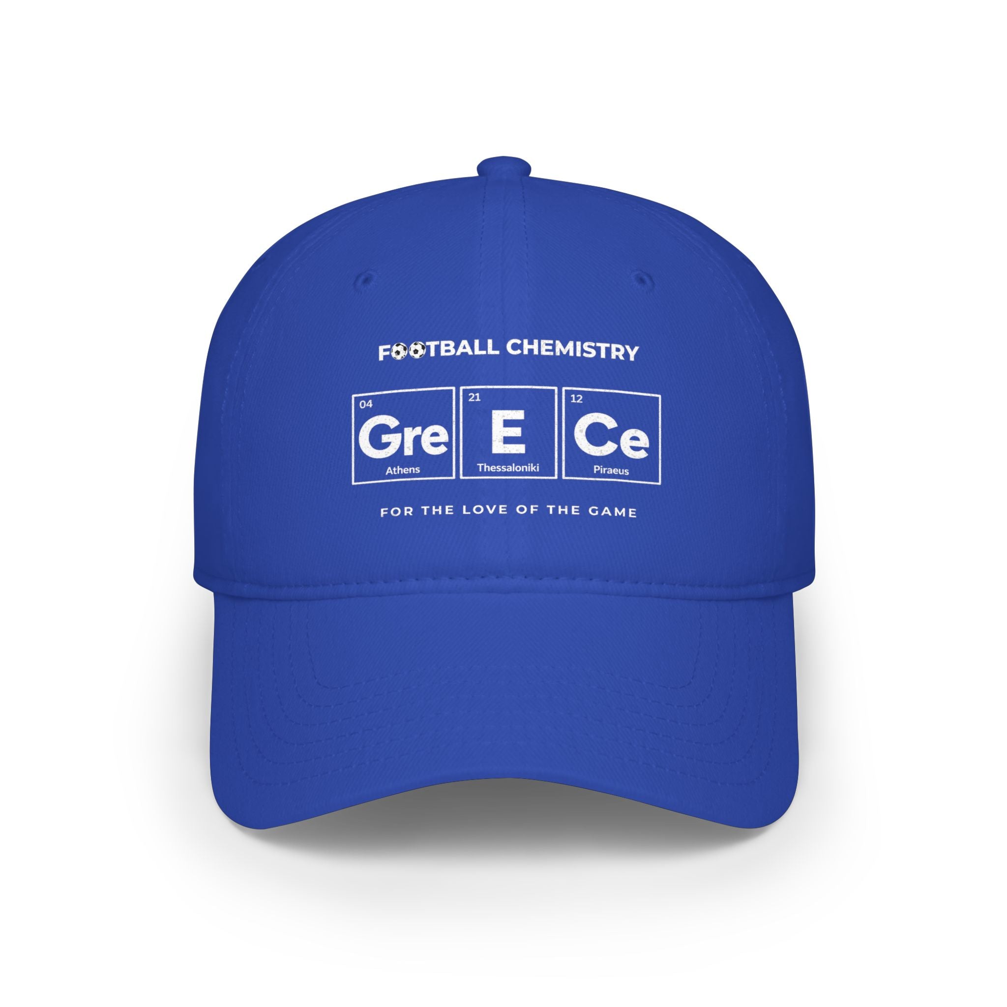 Blue baseball cap with "FOOTBALL CHEMISTRY" and elemental symbols representing Greece.