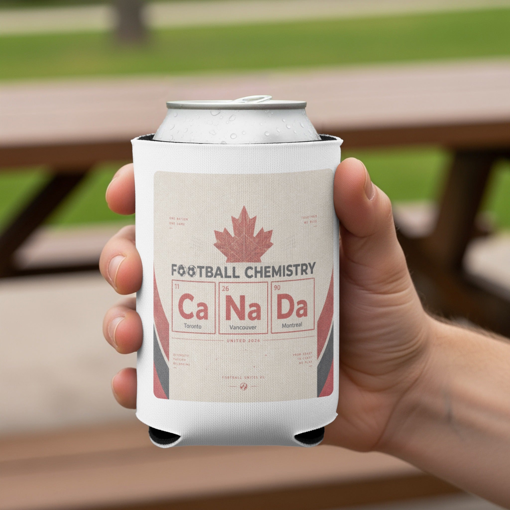 Can cooler with "Football Chemistry Ca Na Da" text and Canadian flag maple leaf.