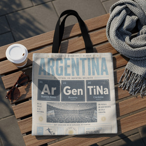 Tote bag with "ARGENTINA" and periodic table elements "Ar Gen TiNa" representing cities.