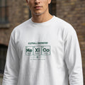 White long-sleeve shirt with "FOOTBALL CHEMISTRY" and periodic table elements for Mexico City, Guadalajara, Monterrey.