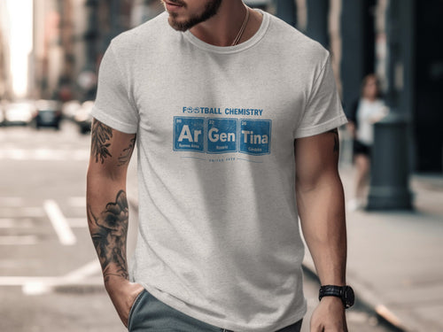 T-shirt with "Football Chemistry" and periodic table elements for Argentina.