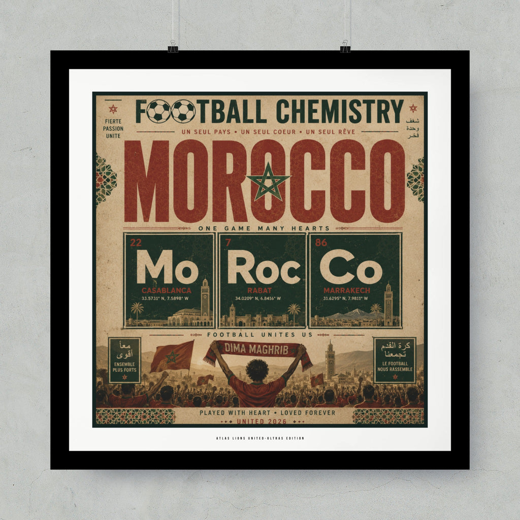 Morocco football chemistry periodic table poster with cities and Arabic text.