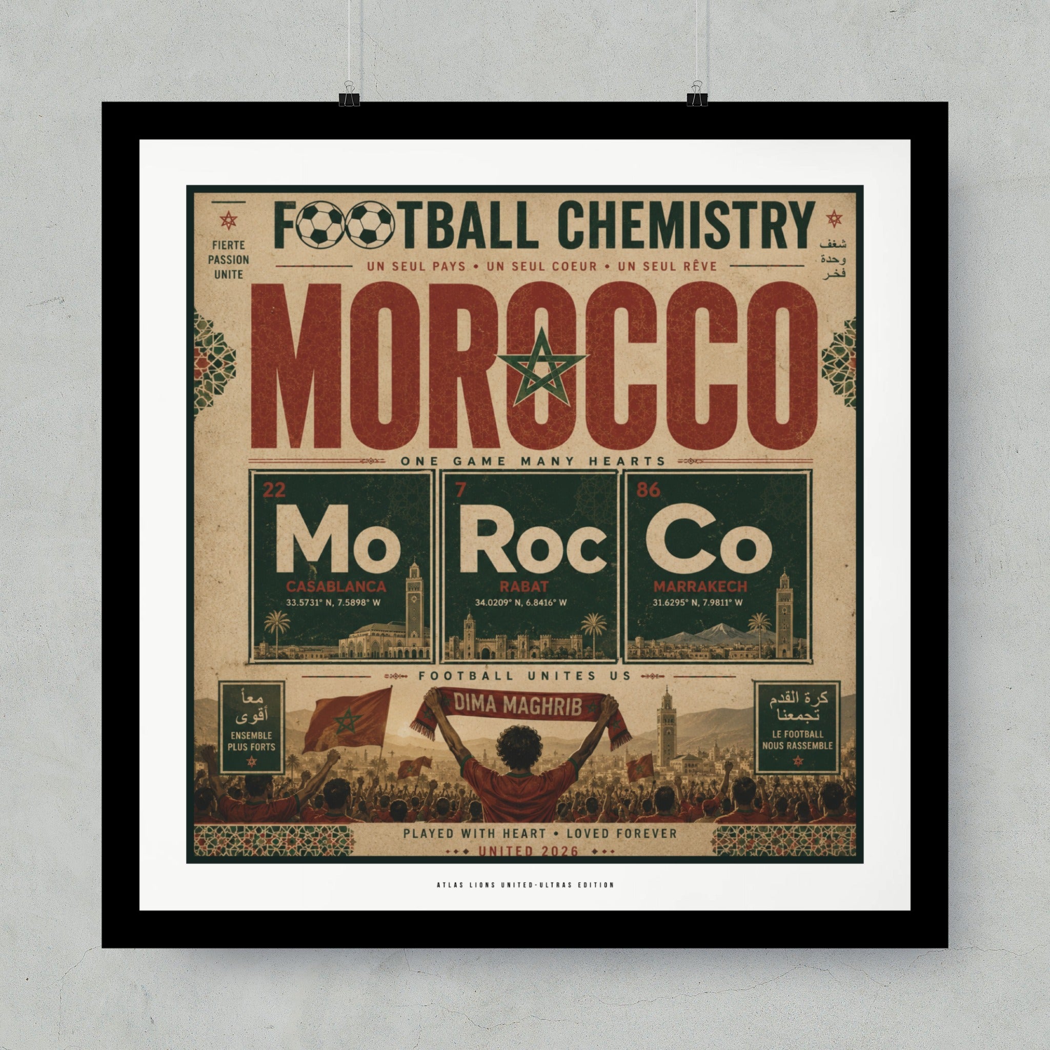 Morocco football chemistry periodic table poster with cities and Arabic text.