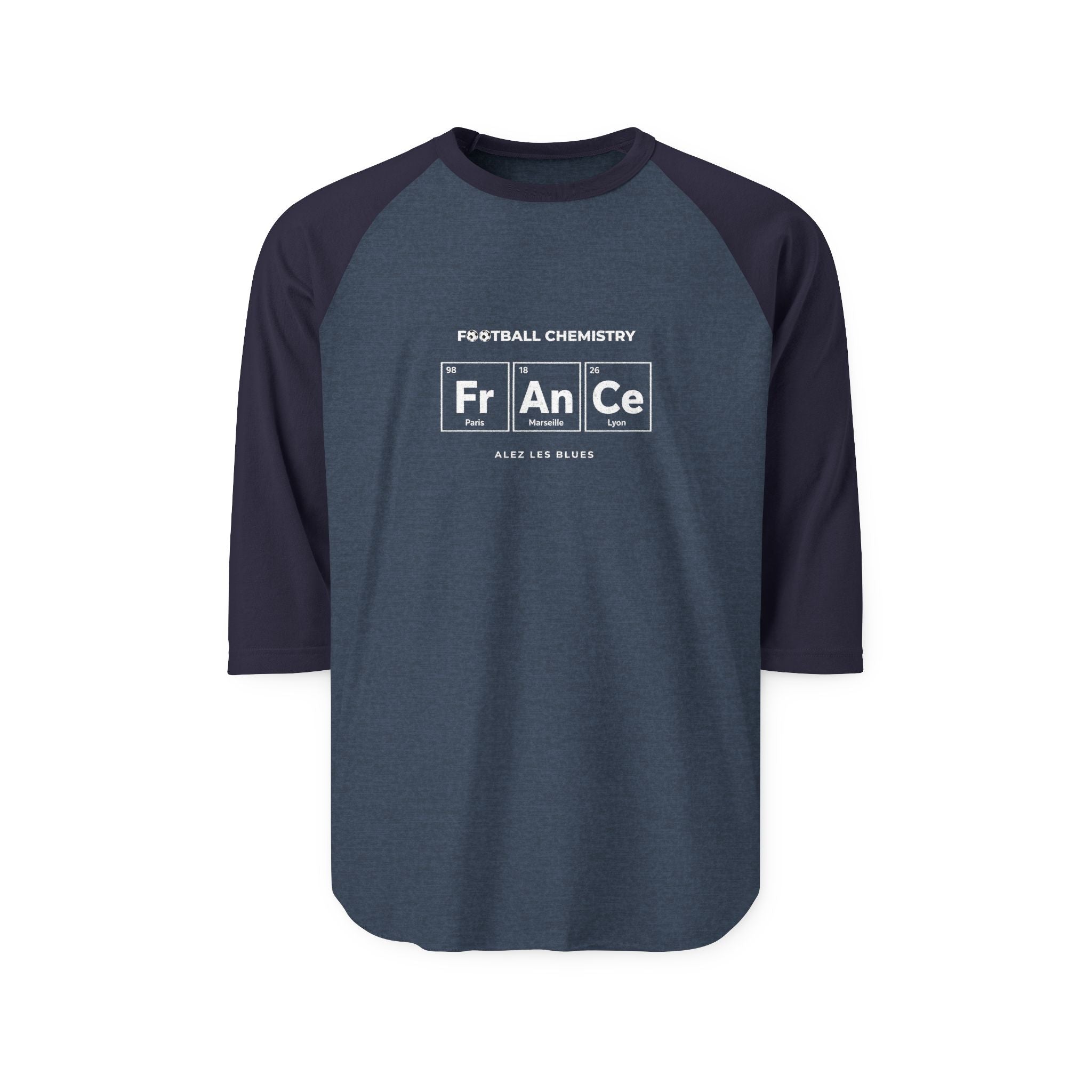 Raglan t-shirt with "Football Chemistry" and periodic table elements for France.