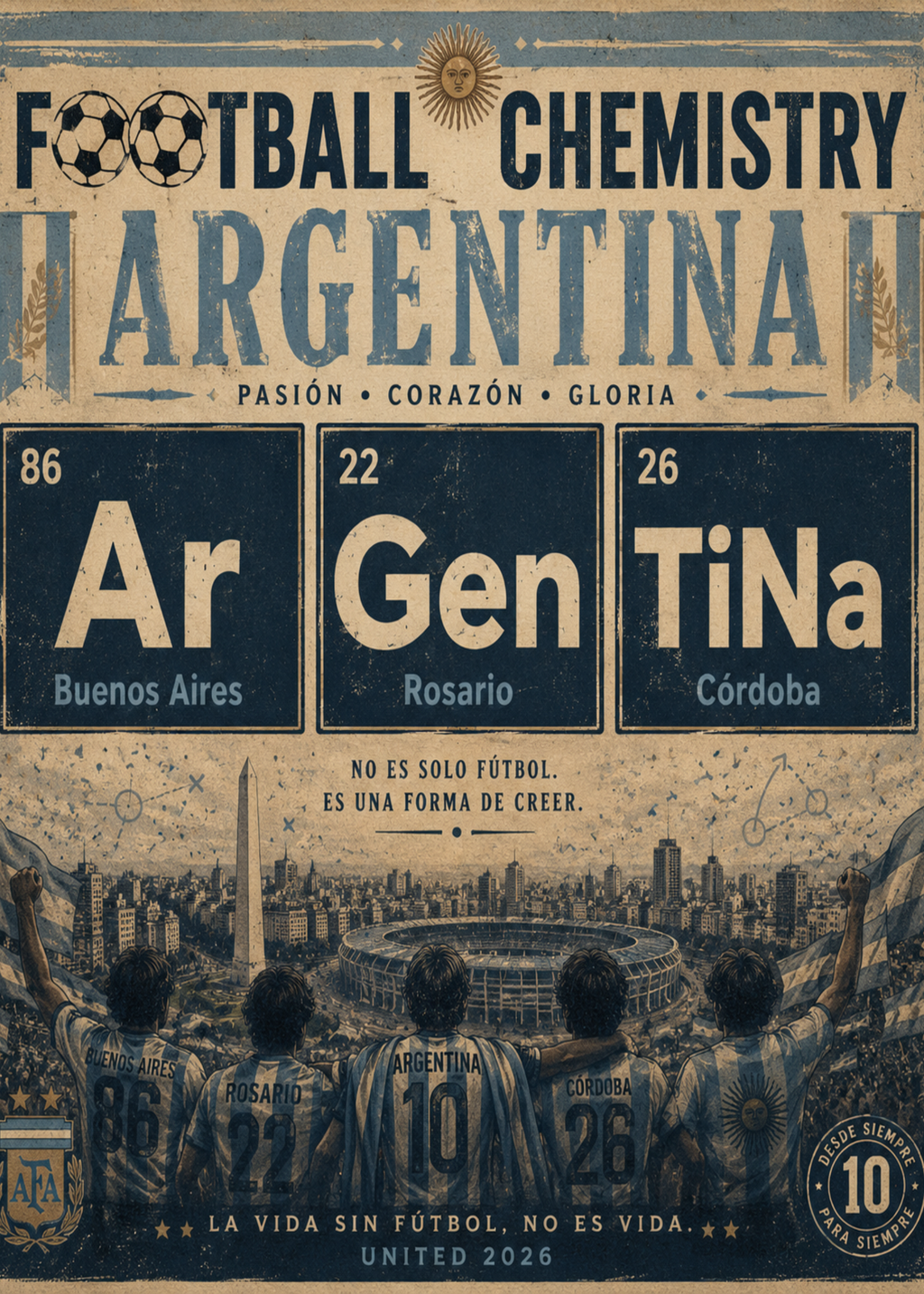 Argentina football chemistry periodic table with cities and stadium crowd.