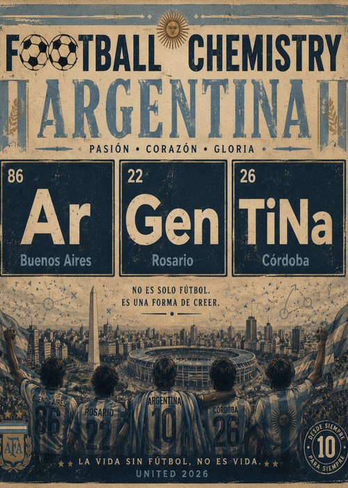 Argentina football chemistry periodic table with cities and stadium crowd.