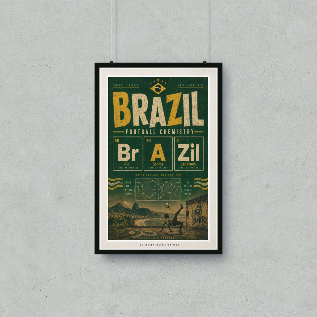 Brazil football chemistry poster with cities Rio, Santos, and São Paulo.
