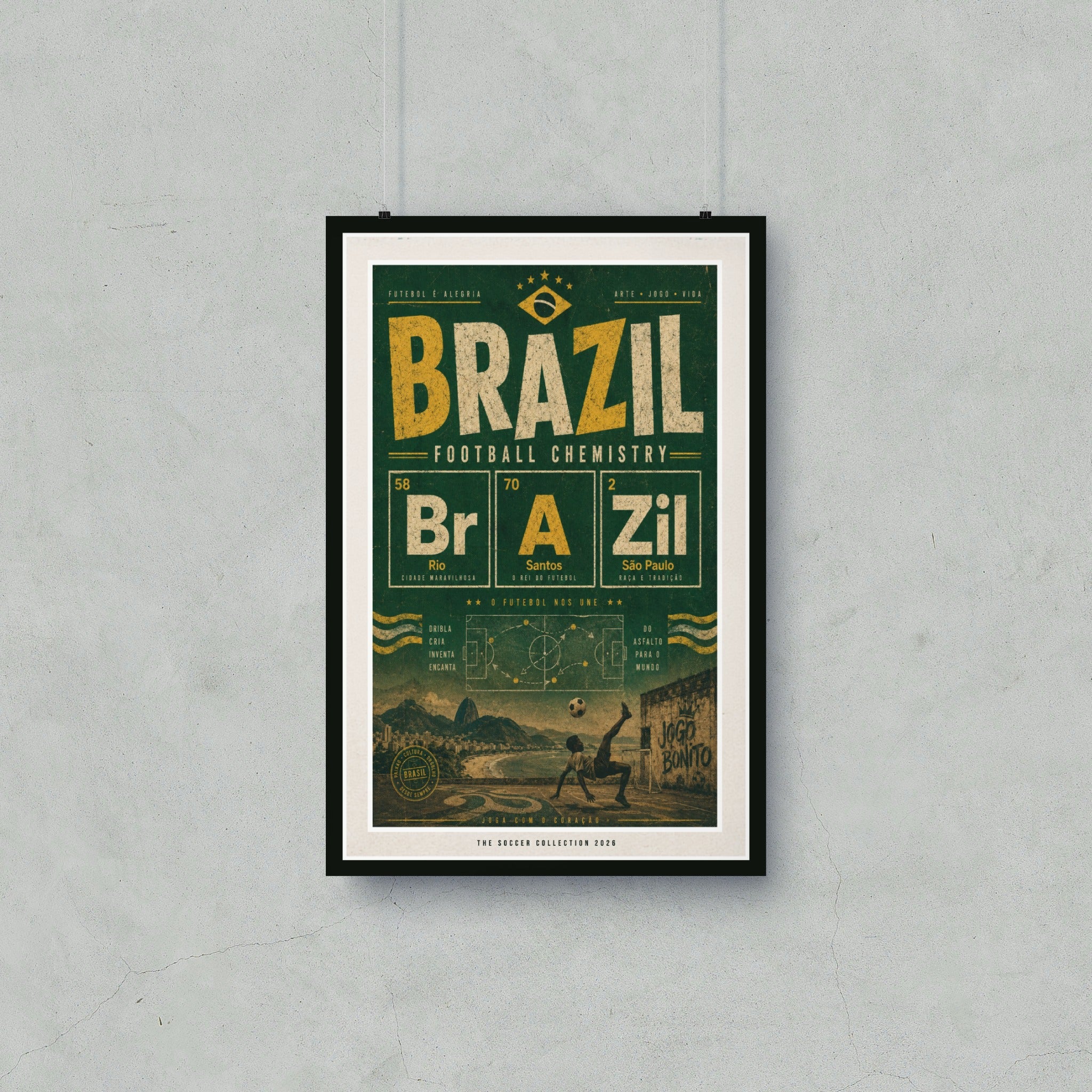 Brazil football chemistry poster with cities Rio, Santos, and São Paulo.