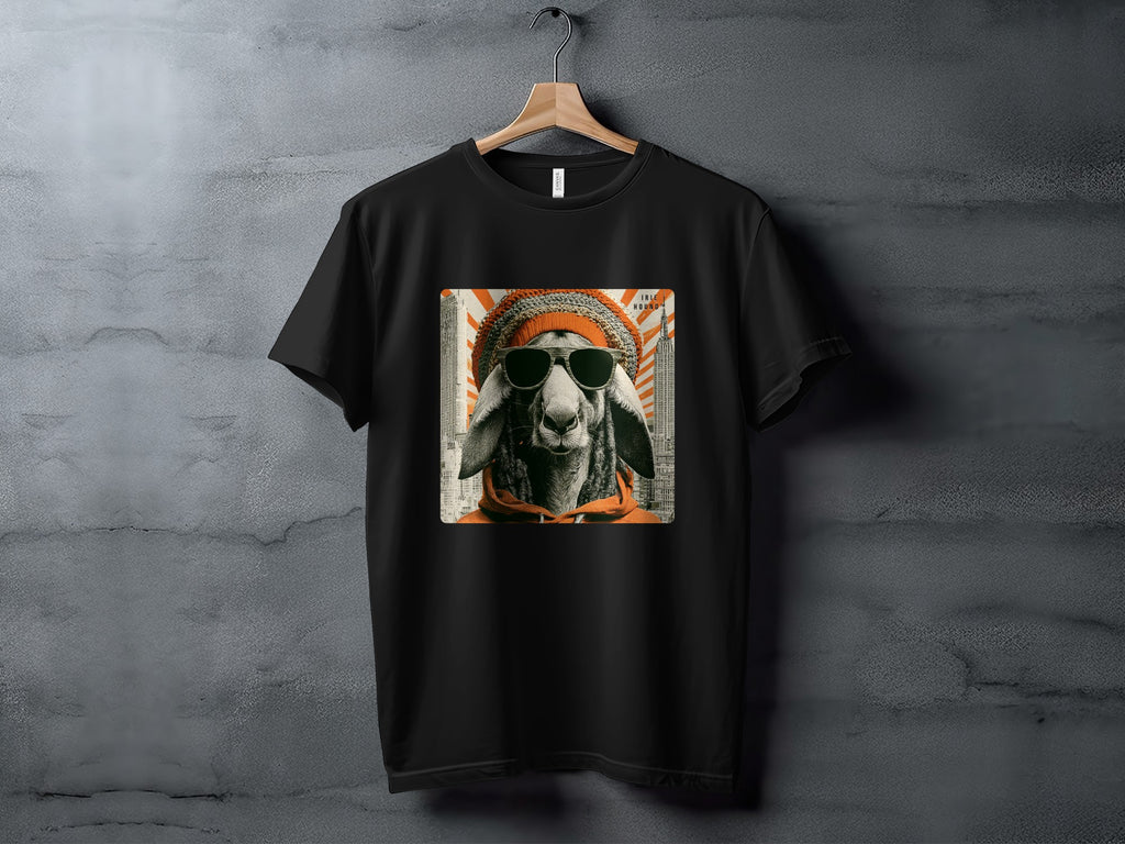 Black t-shirt with graphic of sheep wearing beanie, sunglasses, and hoodie.