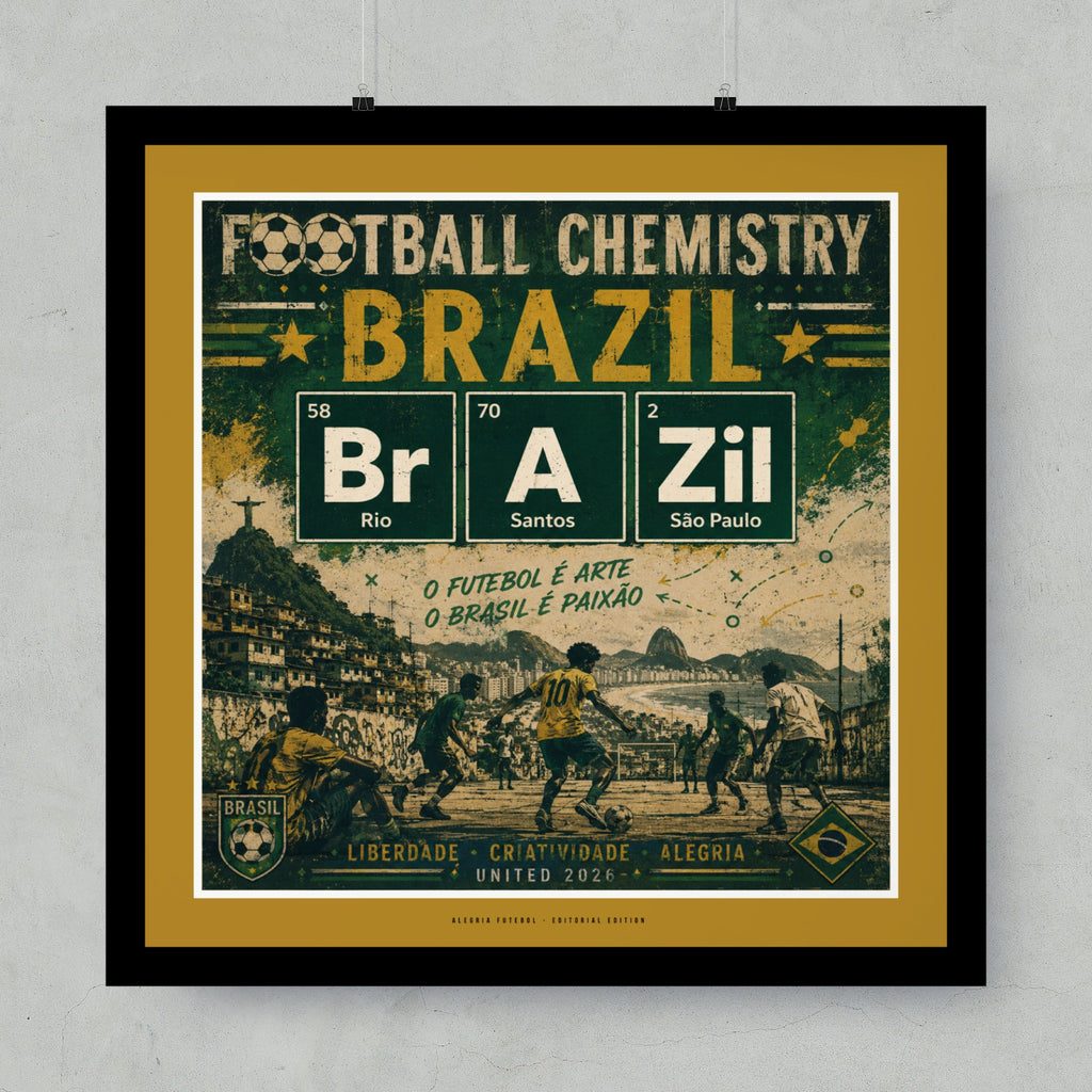 Brazil football poster with elemental symbols, players, and text.