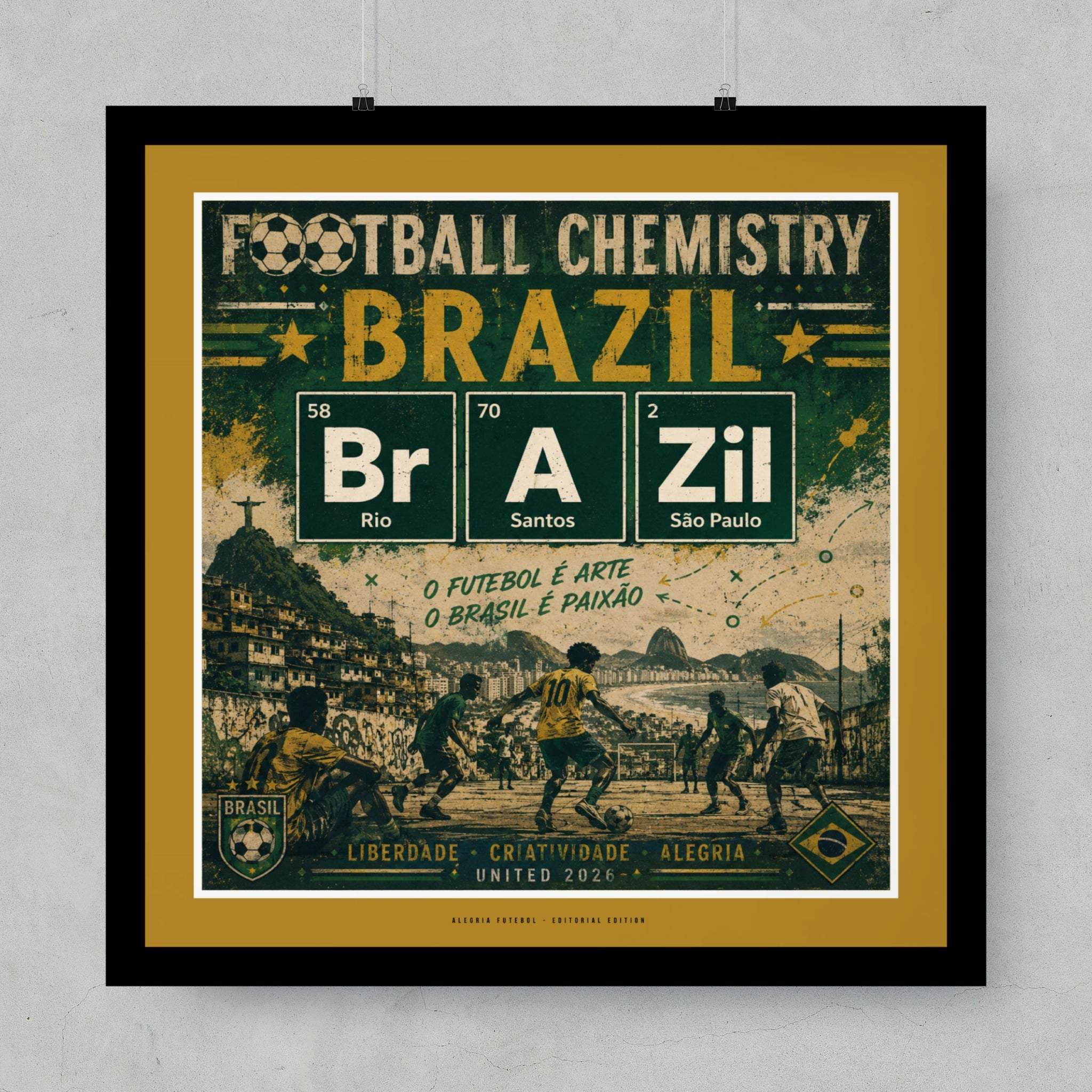 Brazil football poster with elemental symbols, players, and text.