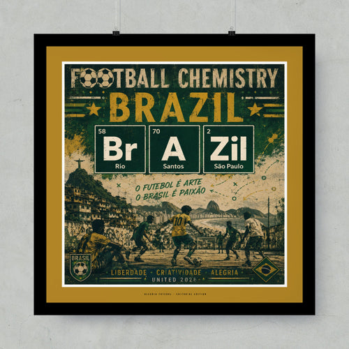 Brazil football poster with elemental symbols, players, and text.