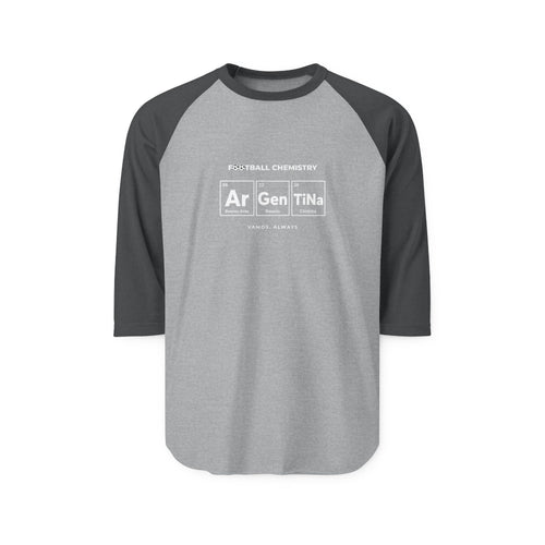Gray and white baseball tee with "FOOTBALL CHEMISTRY" and periodic table elements.