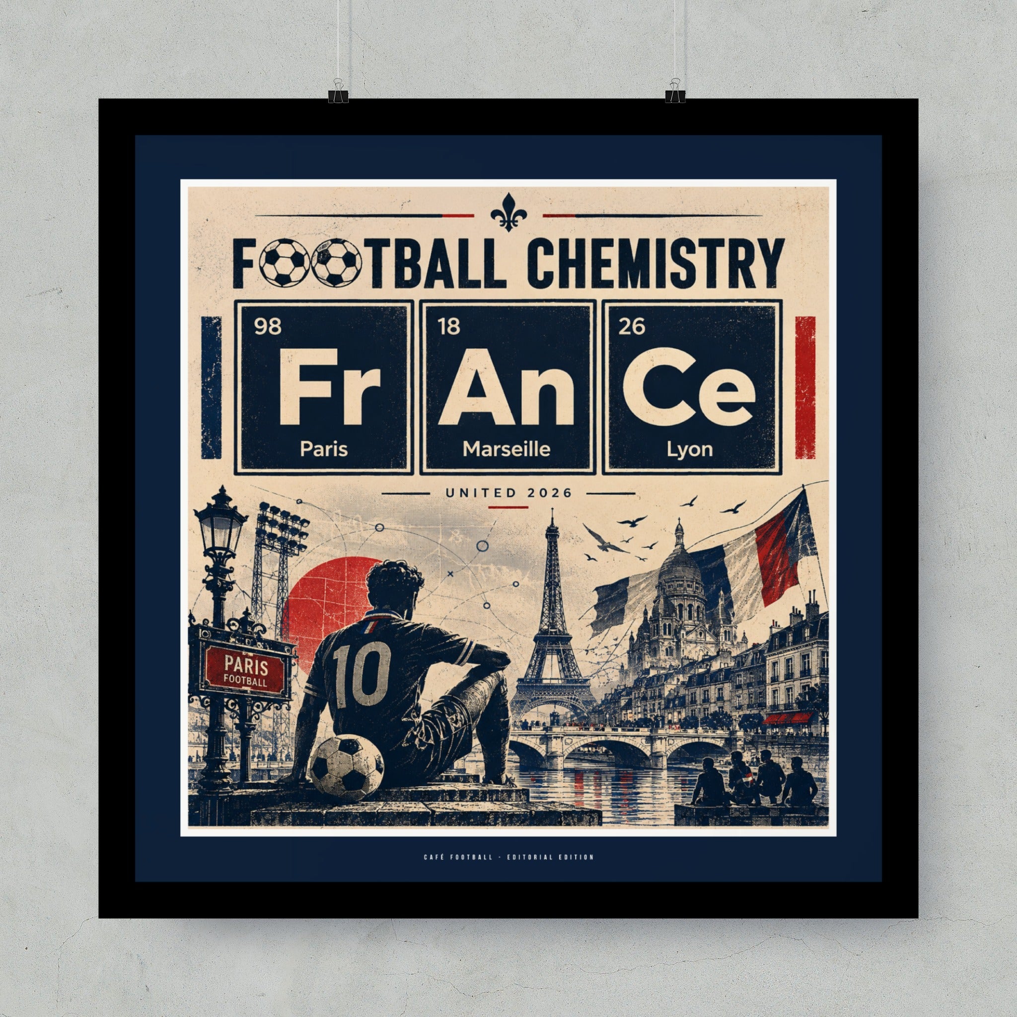 Periodic table inspired art for Paris Football Club, featuring player and city landmarks.