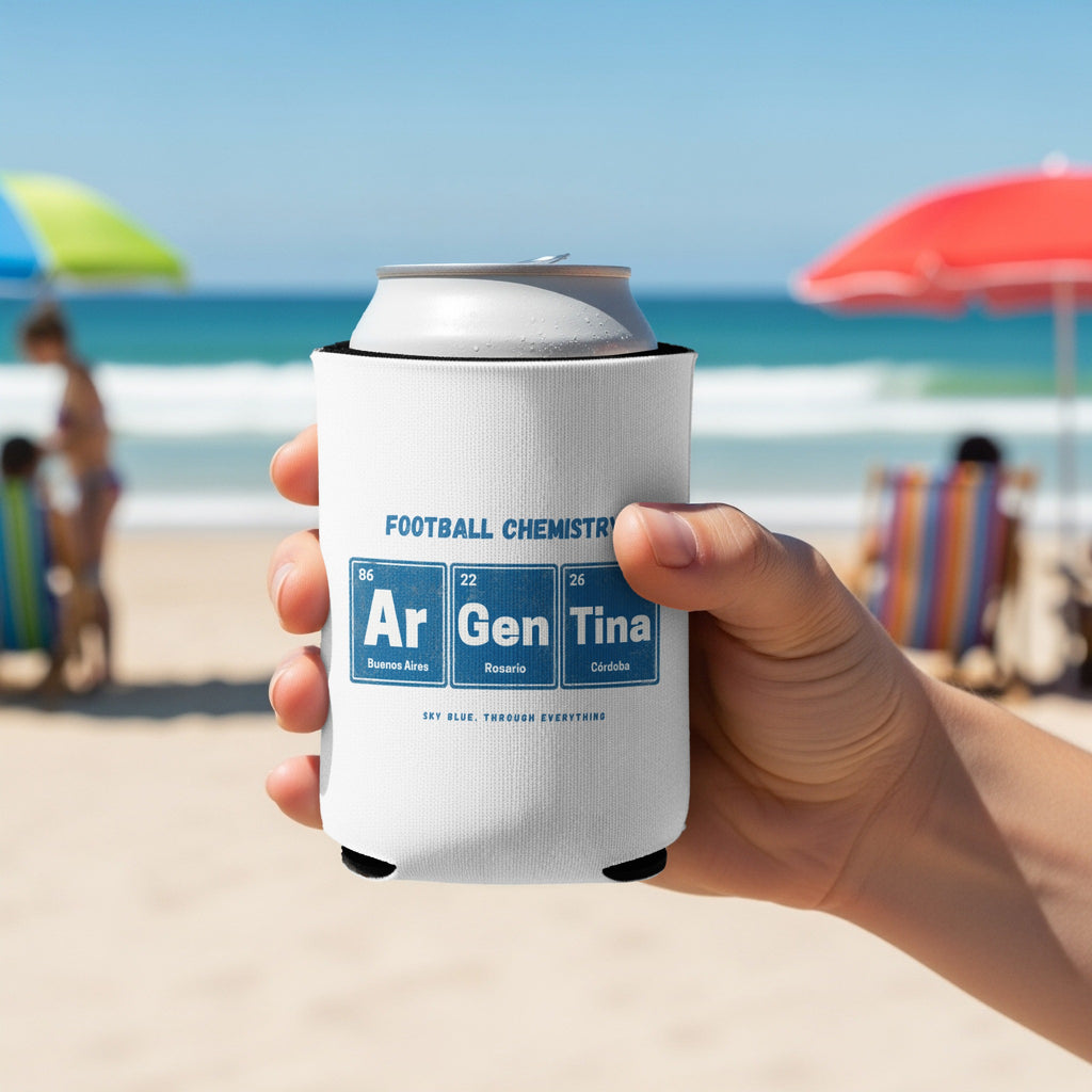 Can koozie with "Football Chemistry Ar Gen Tina" text and Argentinian cities.