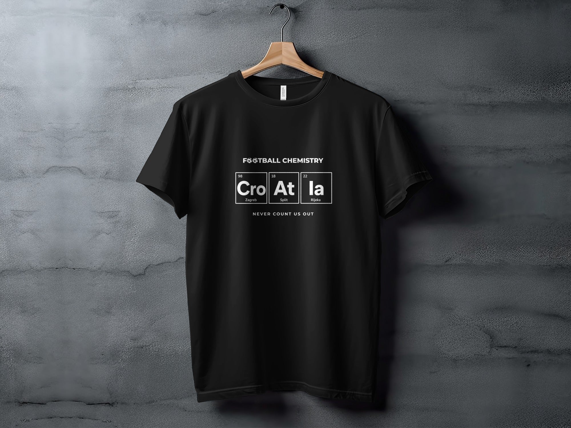Black t-shirt with "Football Chemistry" and "Cro At la" text.