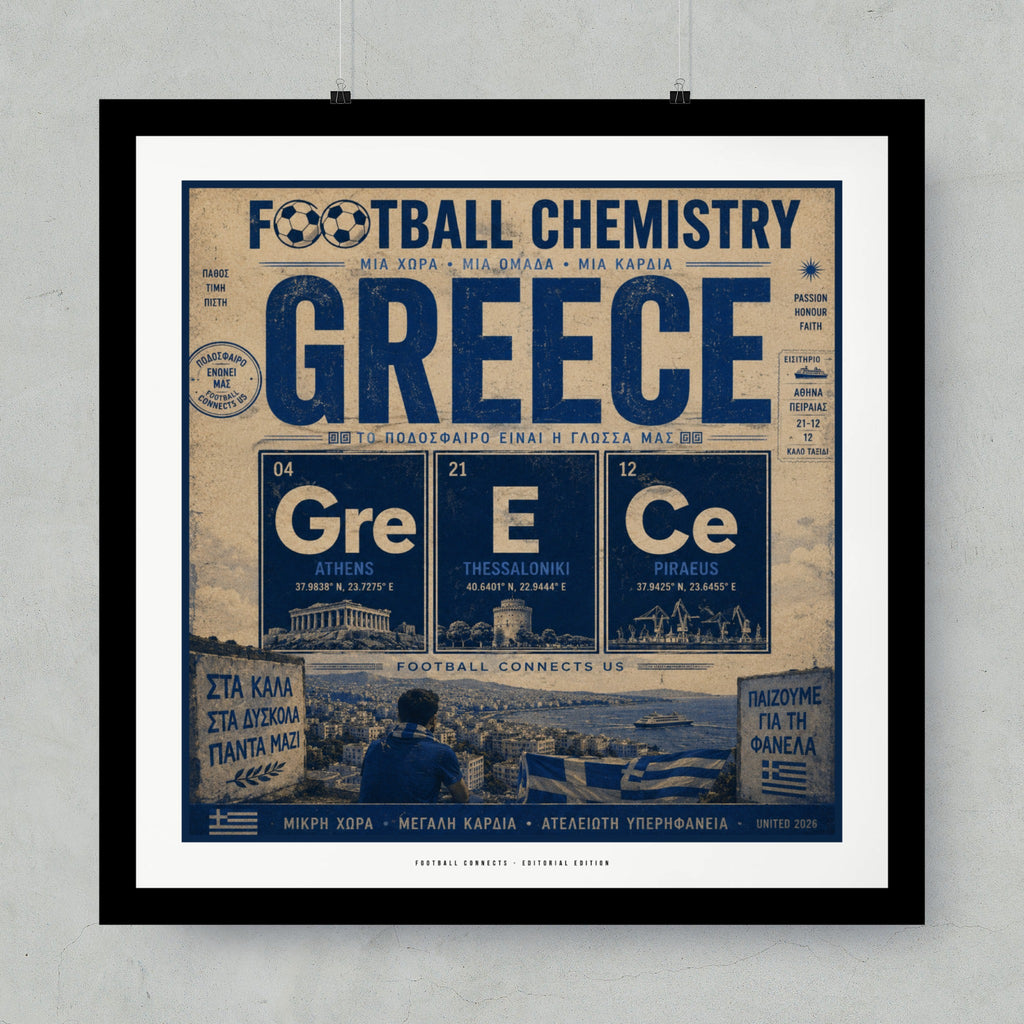 Football Chemistry Greece periodic table with city locations and Greek text.