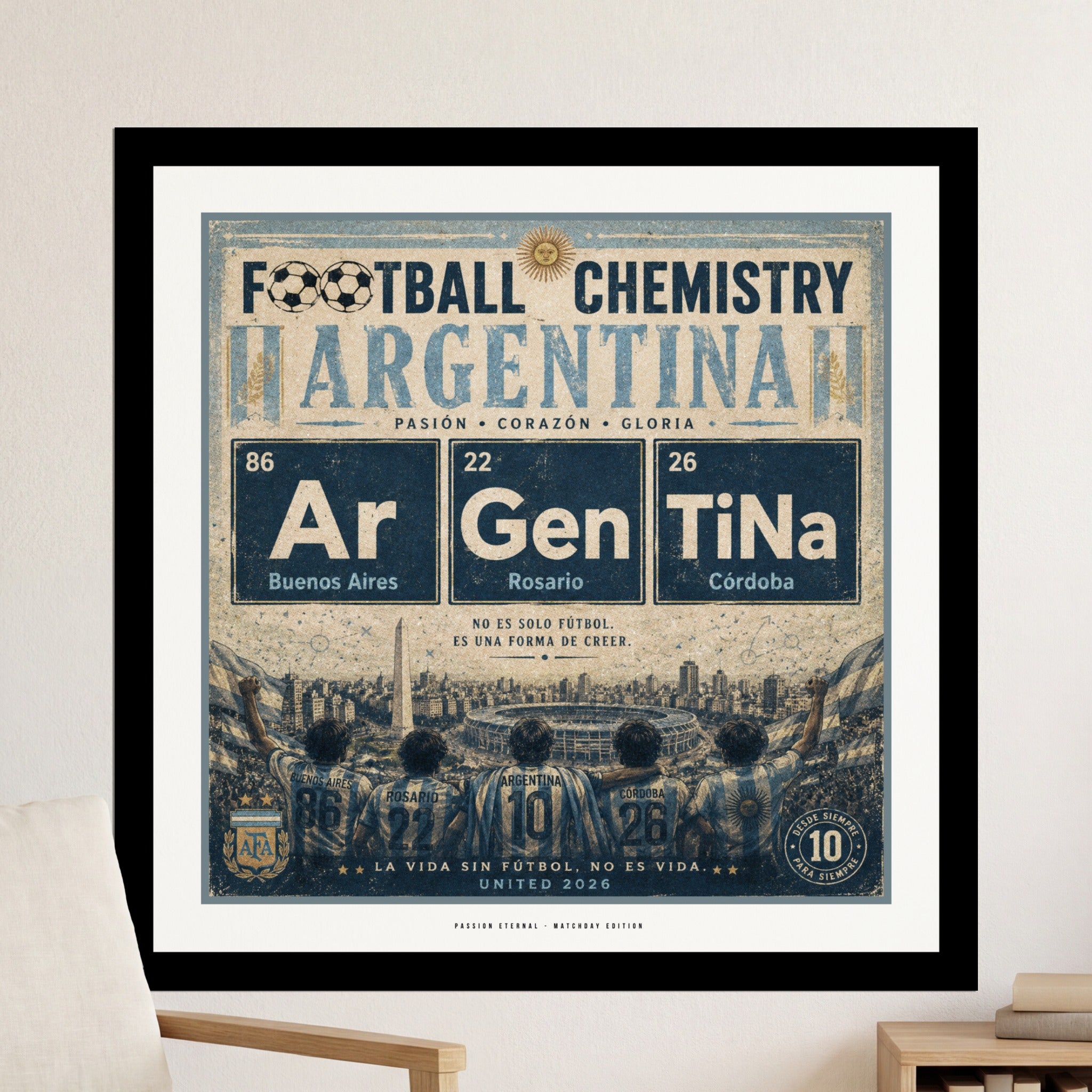 Argentina football chemistry periodic table with city names and slogan.