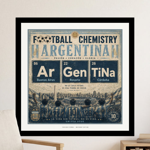 Argentina football chemistry periodic table with city names and slogan.