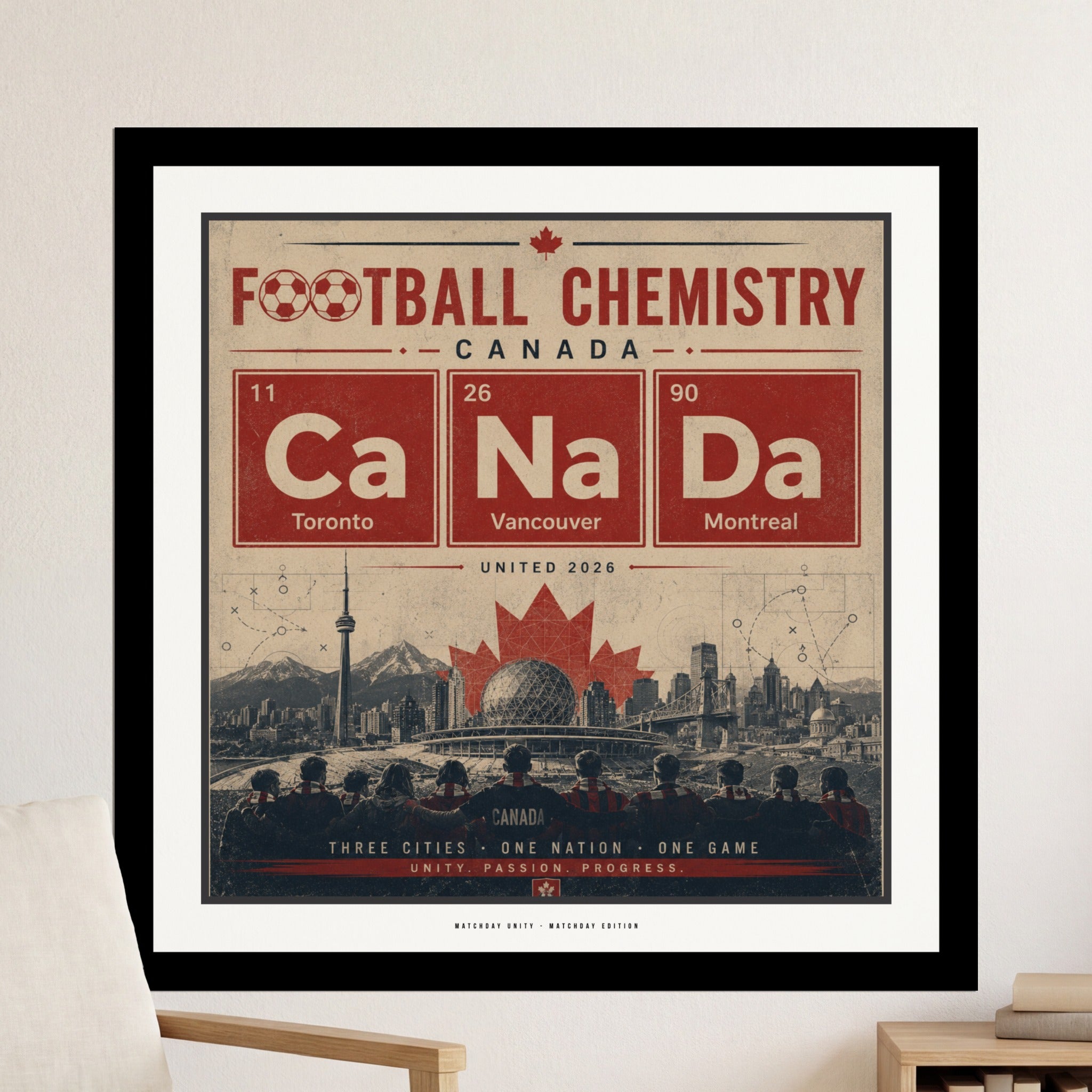Periodic table design with Ca Na Da, Toronto, Vancouver, Montreal, and United 2026.