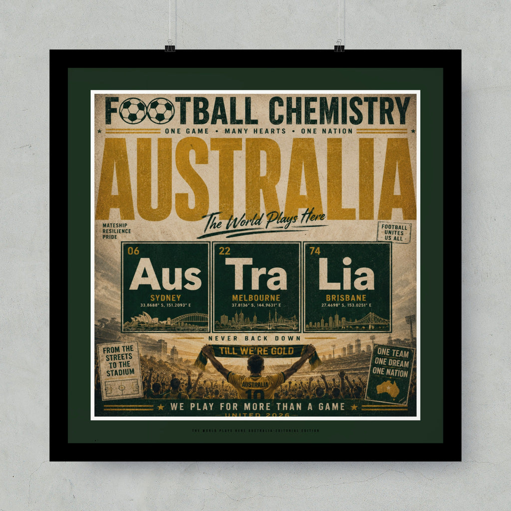 Football Chemistry Australia poster with city coordinates and "The World Plays Here".
