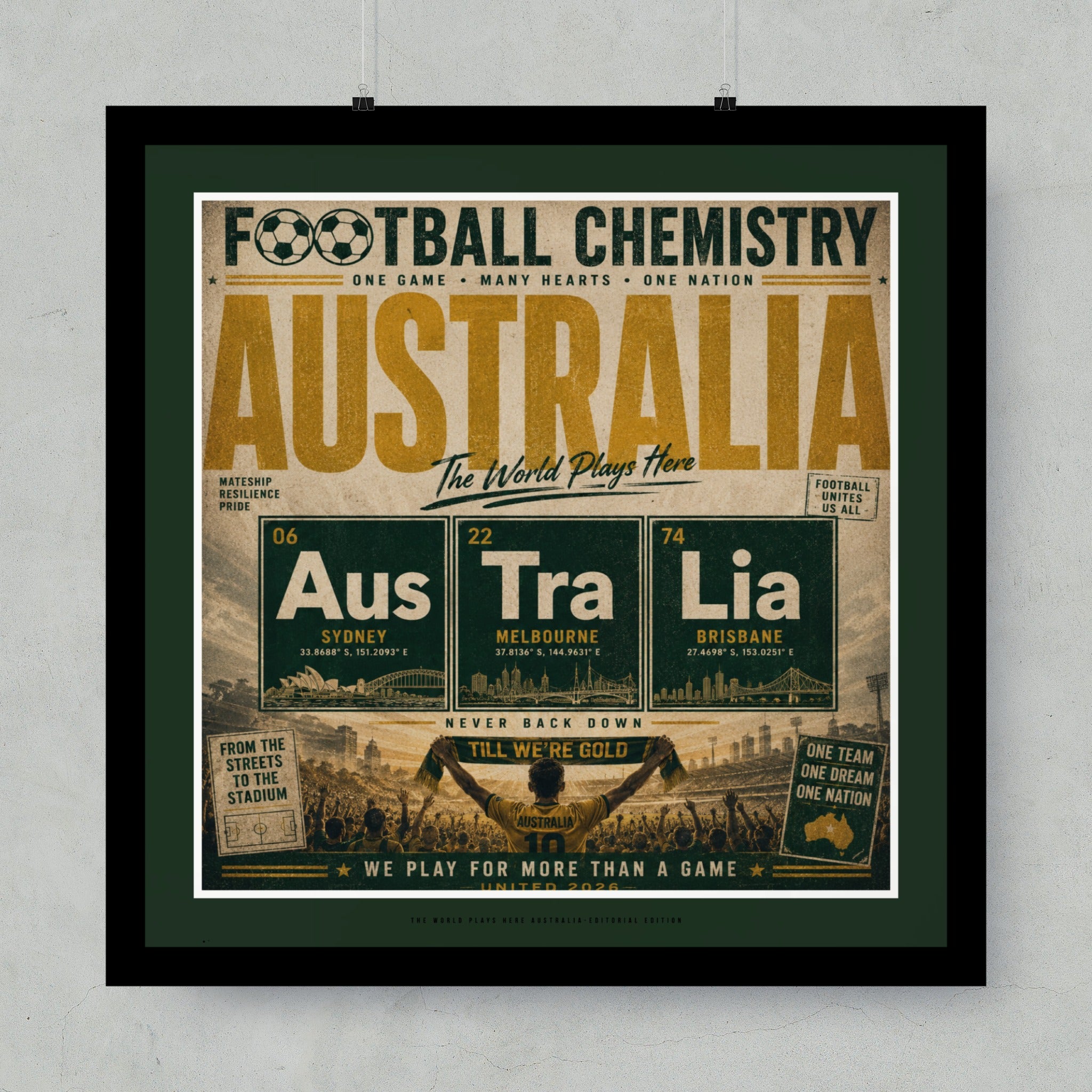 Football Chemistry Australia poster with city coordinates and "The World Plays Here".