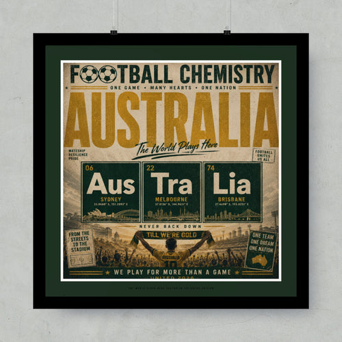 Football Chemistry Australia poster with city coordinates and "The World Plays Here".